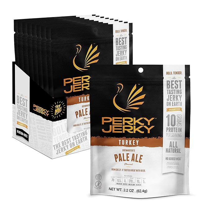 Perky Jerky Brewmaster's Pale Ale Turkey Jerky 2.2oz (Pack of 12) - Low Sodium - 10g Protein per Serving - Low Fat - 100% U.S. Sourced - Tender Texture
