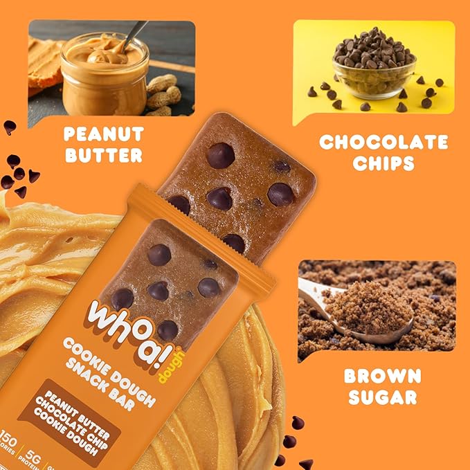 Whoa Dough Edible Cookie Dough Bars- Certified Non-GMO Kosher and Gluten Free Bars - Healthy Snack Foods - Plant Based Snacks - Peanut Butter Chocolate Chip Cookie Dough - 4 Pack