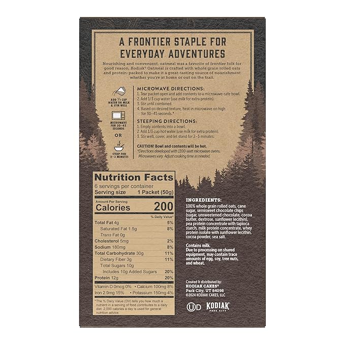 Kodiak Instant Oatmeal Packets Chocolate Chip High Protein 100% Whole Grains 6 boxes with 6 packets each (36 packets total)