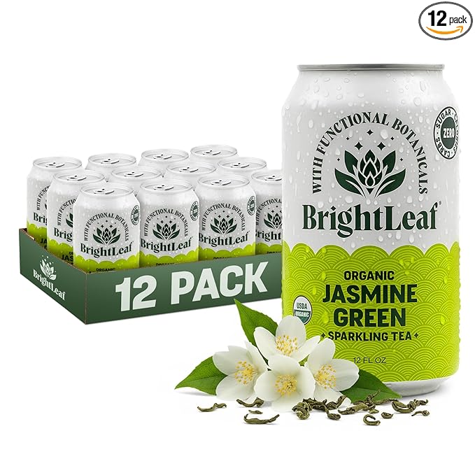BrightLeaf Jasmine Green Sparkling Tea with Functional Benefits For Focus – Regenerative Organic Lightly Caffeinated Zero Sugar Zero Calories Zero Sweeteners – 12oz Cans 12-Pack – Craft-Brewed wi
