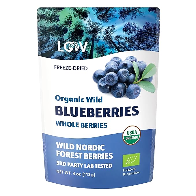 LOOV Wild Organic Dried Blueberries No Added Sugar No Added Oil 4 Ounces Freeze Dried Blueberries Organic From Nordic Forests 100% Whole Fruit Wild Blueberries Non-GMO Unsweetened Dried Fruit