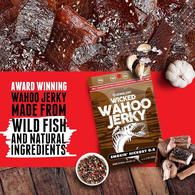 Smokin' Hickory O.G. Wahoo Ono Fish Jerky - Smoky Umami Flavor - Artisan Crafted Organic Omega-3 Rich Low-Calorie Low-Sodium &amp Low-Sugar 2oz (Pack of 3)