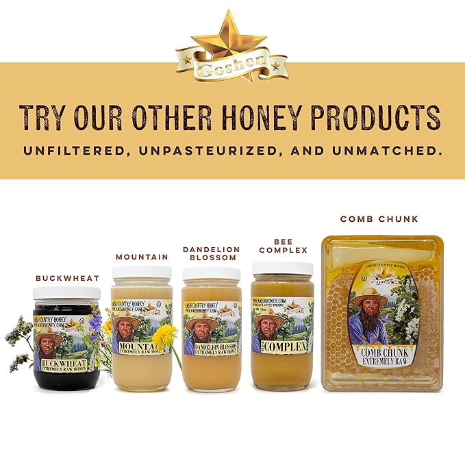 Goshen Honey Raw Royal Jelly Honey - With 25g of Royal Jelly - Unfiltered - Unprocessed - Pure &amp Natural Bee Essence from Amish Country USA - For Natural Energy - Dairy &amp Gluten Free - 454g/1