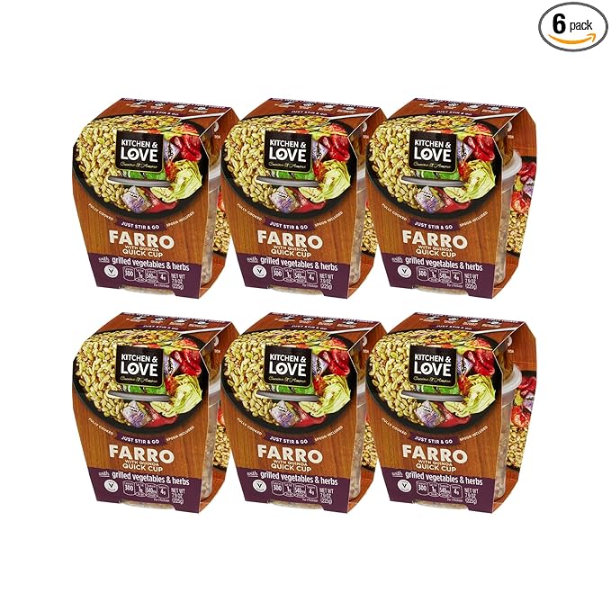 Kitchen &amp Love Cooked Farro Grilled Eggplant Zucchini Artichokes &amp Herbs Ready to Eat Shelf Stable Non Gmo Dairy Free Plant Based Kosher Vegan Vegetarian 7.9 Oz (6-Pack)