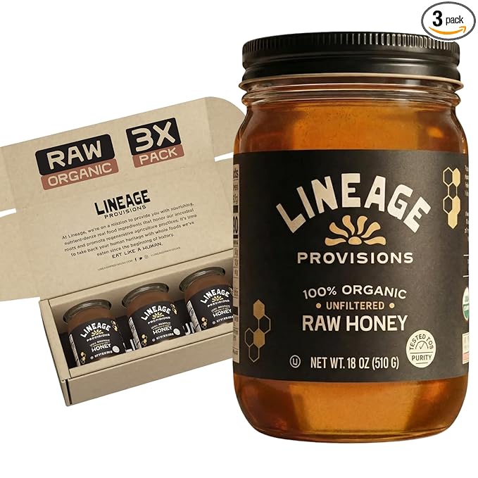Lineage Provisions 100% Organic Raw Unfiltered Honey – 3-Pack (18 oz Glass Jars) – Undetectable Glyphosate Chemical-Free Gluten-Free &amp Non-GMO – Undergoes no heating processing straining or a