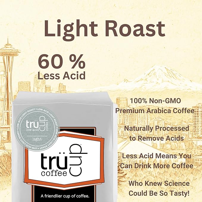 trücup Low Acid Light Roast Coffee - Drip Grind 5 LB Natural Water&ampSteam Process 60% Less Acid Ground Coffee Smooth Flavor Stomach-Friendly Rich in Antioxidants