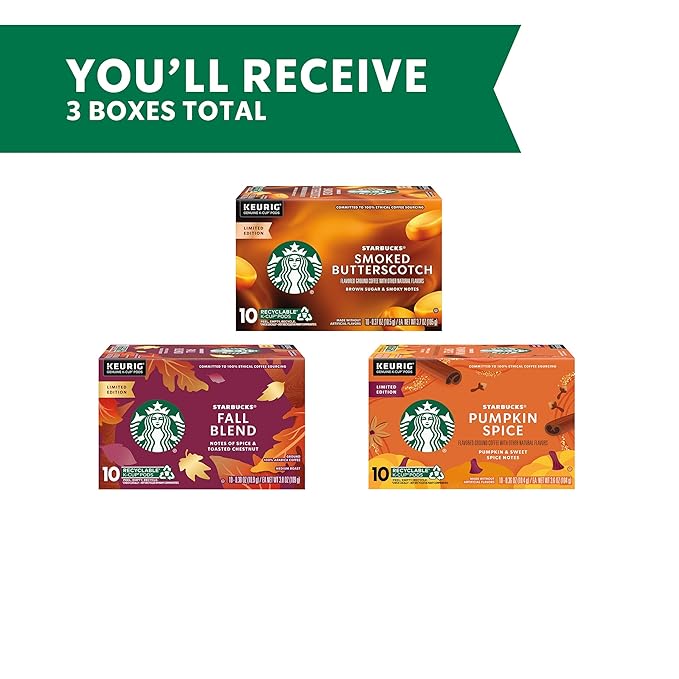 Starbucks K-Cup Coffee Pods Fall Bundle Medium Roast and Naturally Flavored Coffee for Keurig Brewers 100% Arabica Limited Edition 3 Boxes (30 Pods Total)
