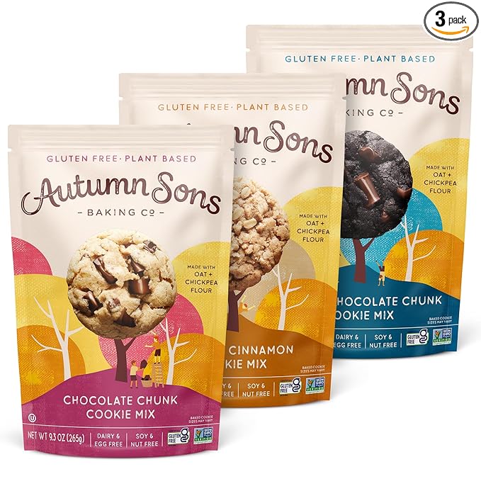 Autumn Sons Baking Co. Gluten Free Cookie Mix Variety Pack. Chocolate Chunk Double Chocolate Chunk &amp Oatmeal Cinnamon. Vegan Plant Based Baking Mix. Top 9 Allergen Free. 9.3 oz (Pack of 3)