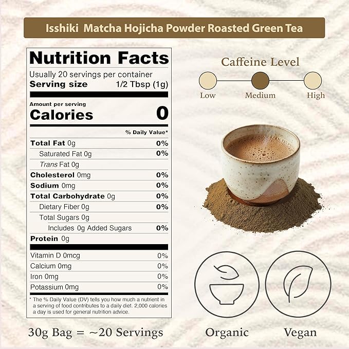 Isshiki Matcha Hojicha Powder – Low Caffeine Roasted Green Tea from Uji Japan – Smooth Nutty Flavor with Full-Body Tones – Authentic Japanese Loose Powder for Daily Enjoyment - 30g (20 Servings)