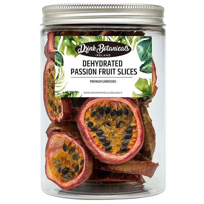 Drink Botanicals Ireland | Dehydrated Dried Passion Fruit Slices | 20+ Slices Approx | 100% Natural | Passion Fruit For Garnishing Cocktails Mocktails Cakes | 40 Grams | 1.41 oz | PET Recyclable Jar
