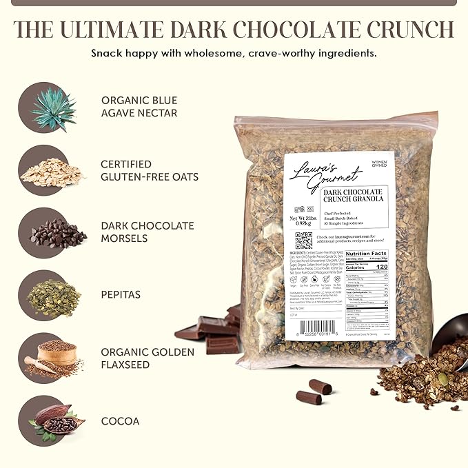 Laura's Gourmet Granola - Dark Chocolate Crunch - Gluten Soy &amp Dairy Free - Organic Agave Bittersweet Chocolate Cocoa Vegan Artisan Chef's Trifecta of Taste Texture &amp Mouthfeel - 2 LB
