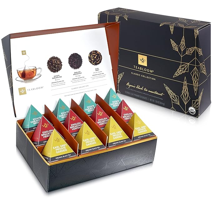 Teabloom Classic Black Teas – Organic Assortment with 12 Plant-Based Pyramid Sachets Earl Grey Darjeeling &amp English Breakfast Elegant Presentation Box for Tea Enthusiasts