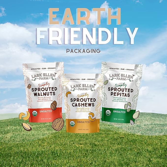 Lark Ellen Farm Sprouted Salted Cashews - Non GMO Healthy Keto Snacks Paleo Gluten Free Vegan Certified Organic Nut Sugar Free High Protein Kosher Low Glycemic 10 oz - 3 pack