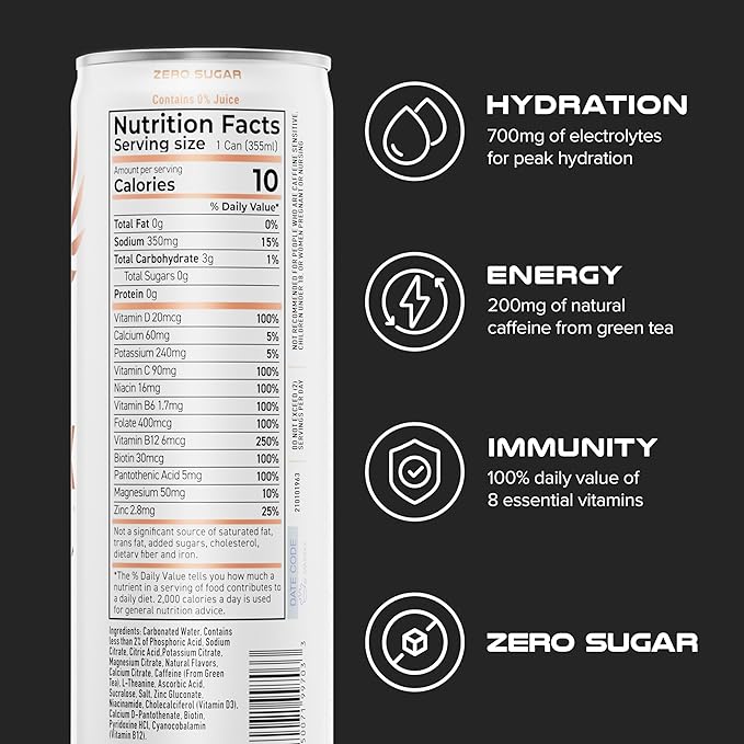 PHX Hydration Energy Drink - 700mg Electrolytes 200mg Natural Green Tea Caffeine 100% Daily Value 8 Essential Vitamins - 12 oz Cans (12 Pack) (12 Pack Peach)