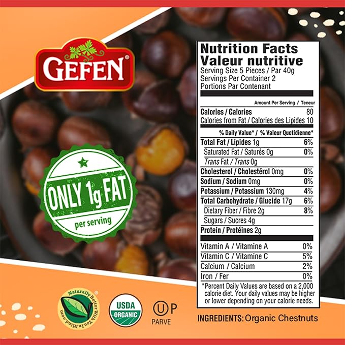 Gefen Organic Whole Peeled and Roasted Chestnuts 3oz (12 Pack) | Chestnuts Peeled and Ready to Eat | Great for Cooking &amp Baking | Gluten Free | Kosher