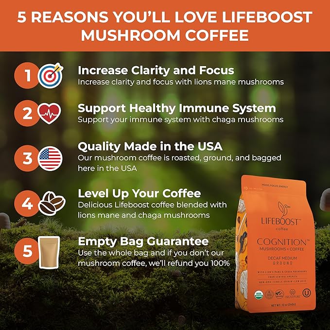 Lifeboost Cognition Decaf Mushroom Coffee - Low Acid Decaf Medium Organic Coffee with Lions Mane &amp Chaga Mushrooms - Increase Energy Boost Focus &amp Immune Support - 12 oz Bag - Ground