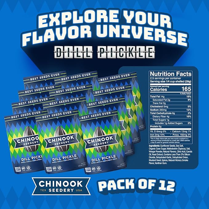 Chinook Seedery Sunflower Seeds to Eat — Jumbo Flavored Roasted Low Sodium Snacks — Keto Friendly Gluten-Free Non-GMO — Dill Pickle Sunflower Seeds 4 oz (12-Pack)