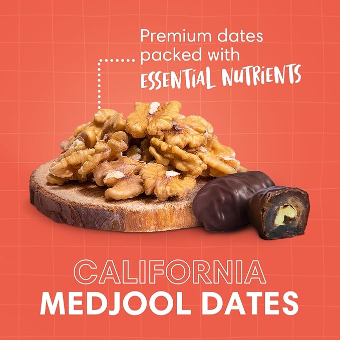 DORREL - Belgian Dark Chocolate Covered Dates (Medjool) with Walnuts Stuffing High Energy Vegan Choco Snack Delicious Kosher &amp Non-GMO Pack of 3 Stuffed Chocolate Dates 7.05 oz / 200 g Ea