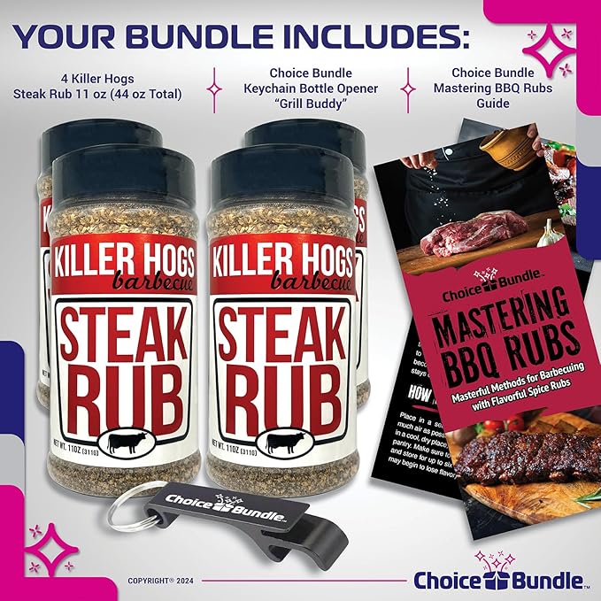 Killer Hogs Steak Rub Premium BBQ Barbecue Spice Seasoning 4 pk (44 oz) + Guide &amp Bottle Opener (6 Items)!