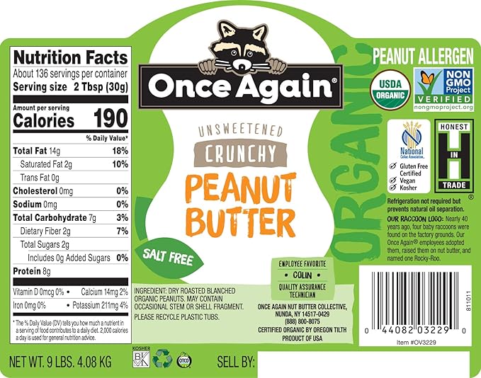Once Again Organic Crunchy Peanut Butter 9lbs (same as 9 jars) - Salt Free Unsweetened - USDA Organic Gluten Free Certified Vegan Kosher