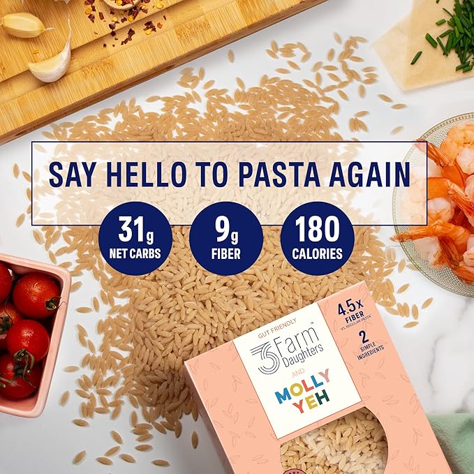 Three Farm Daughters X Molly Yeh High Fiber Orzo Pack Irresistible Low GI Non GMO Orzo Pasta Noodles Low Net Carb Made in the USA from Just 2 Simple Ingredients 12 oz. (4 Pack)