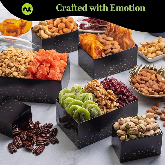 NUT CRAVINGS - Christmas Treats Tower Dried Fruit &amp Nuts Gift Basket with Happy Holiday Ribbon (12 Assortments) Food Arrangement Healthy Snack Care Package Kosher