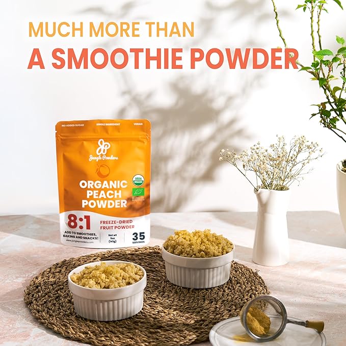 Jungle Powders Whole Black Freeze Dried Raspberries 3.2oz &amp Organic Peach Powder 5oz - No Sugar Added 100% Real Fruit for Healthy Snacks Smoothies Baking Desserts &amp Natural Flavoring