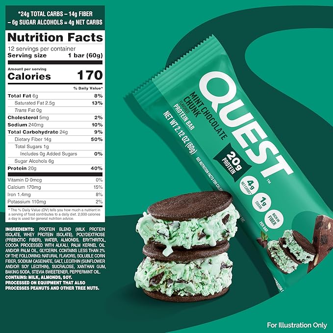 Quest Nutrition Mint Chocolate Chunk Protein Bars 20g Protein 1g Sugar 4g Net Carb High Fiber Gluten Free Keto Friendly 12 Count