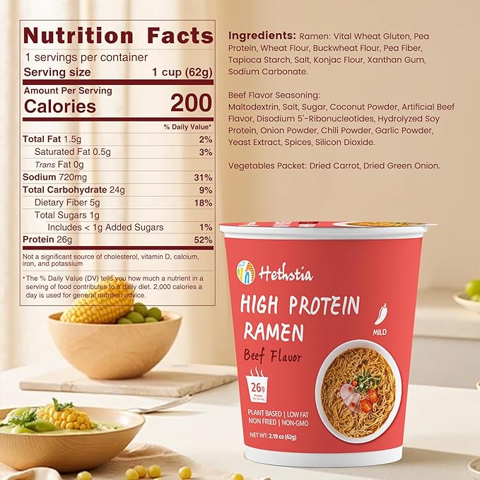 Hethstia High Protein (26g) Ramen Cup Noodles Spicy Beef Flavor 6 Count Plant Based Vegan Noodle Soup Non Fried Low Sugar Low Fat Ready to Eat Healthy Asian Meal &amp Holiday Gift