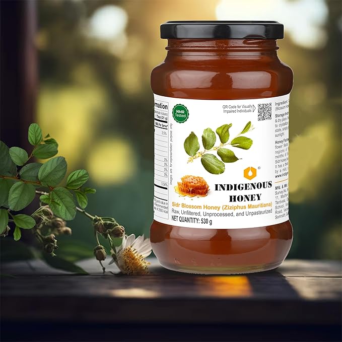 INDIGENOUS HONEY Sidr Ber Jujube Honey Raw Organic Natural Pure Unprocessed NMR Tested Unpasteurized Unheated 530g Glass Jar Pack of 1