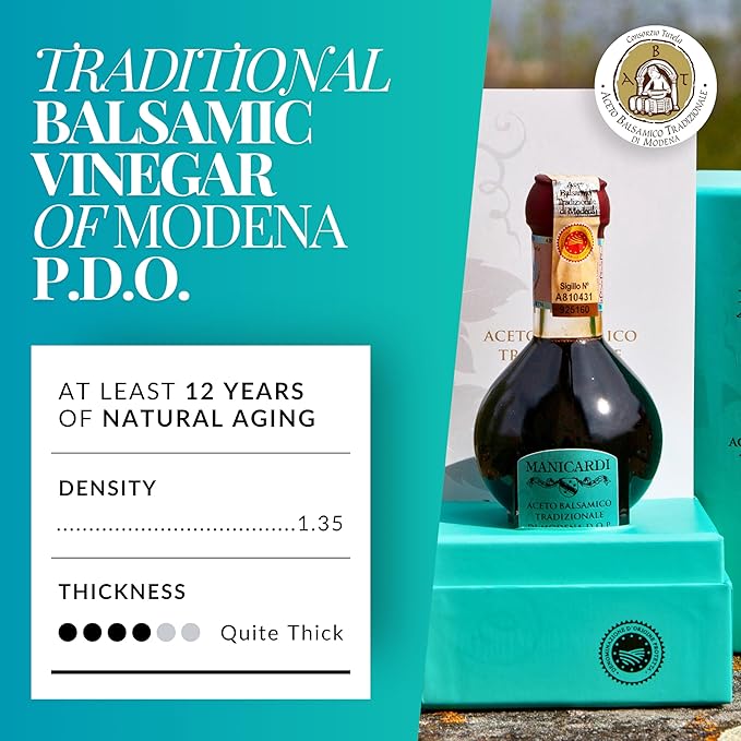 MANICARDI Traditional Balsamic Vinegar of Modena PDO Affinato Aged 12 Years - Aged Italian Vinegar Perfect for Snacks Pasta Vegetables Salad Dressings and Meat - Made in Italy 3.38 Fl Oz (100 ml)