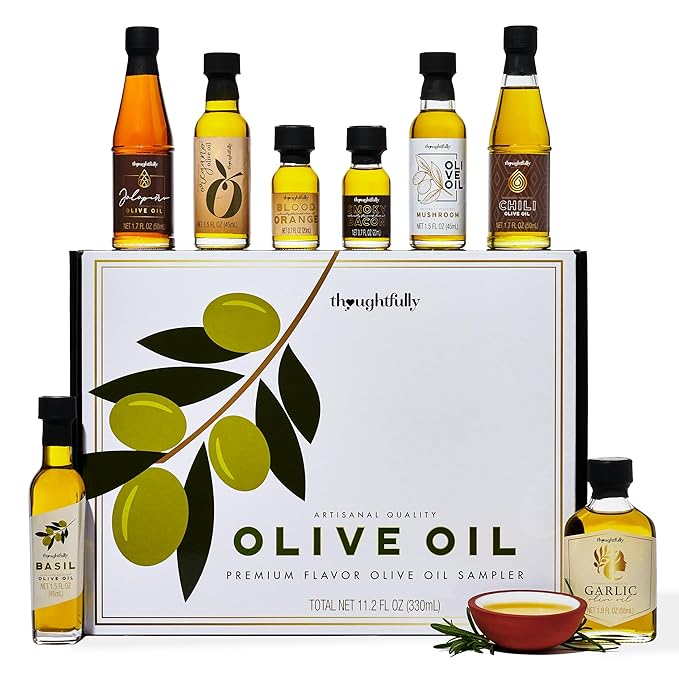 Thoughtfully Gourmet Olive Oil Sampler Gift Set Premium Extra-Virgin Olive Oil from Spain Natural Flavors Include Garlic Chili Smoky Bacon Mushroom Jalapeno and More Set of 8