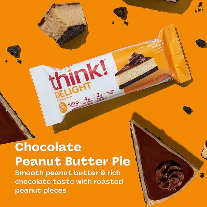 think! Delight Protein Bars Chocolate Peanut Butter Pie Low Sugar &amp Low Carb Gluten-Free Snack Keto Friendly Snacks 12 Count (Packaging May Vary)