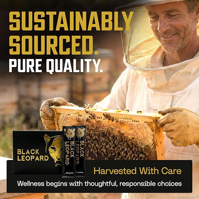 Black Leopard Honey Packs Pure Honey Sachets with Bee Pollen Single Serve Honey Packets for Natural Energy and Daily Vitality 20 Gram Sachets Pack of 10