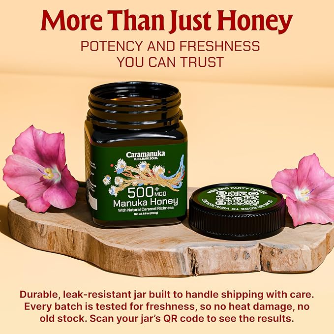 Caramanuka Manuka Honey MGO 500 – 100% Raw &amp Unfiltered Australian Honey Independently Lab-Tested for MGO &amp Glyphosate Bold Caramel Flavor 8.8 oz (250g)