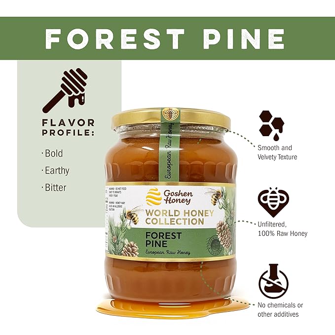 Goshen World Honey Collection - Forest Pine Blossoms from Germany - Raw Rare and Sustainable Floral Sources - Derived from Natural Flower Nectar with Antioxidants - Nature's Sweetener - 32oz