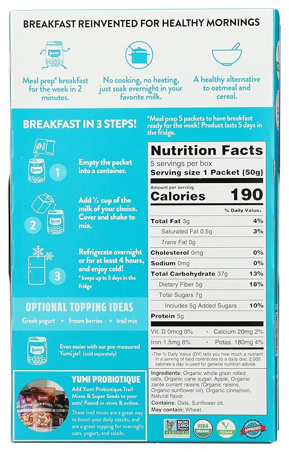 Yumi Organics Overnight Oats Apple Cinnamon Vegan Friendly USDA Certified Organic Non-GMO 8.8 Ounce (Pack of 6)