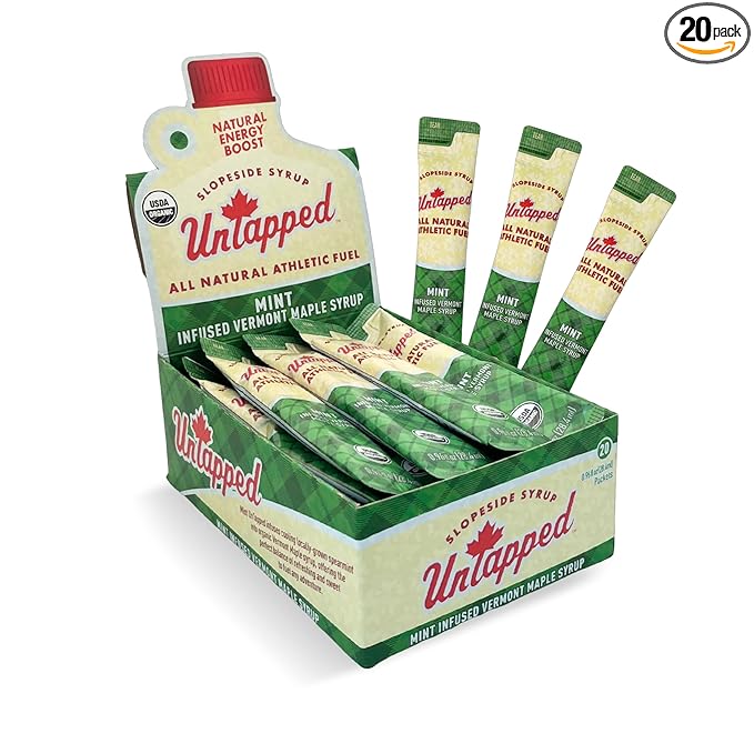 UnTapped Mint Maple Syrup Energy Gels 20 Gels | Organic Pure Vermont Maple Syrup with Real Mint | Gluten-Free Low Glycemic | Natural Fuel for Running Cycling &amp Endurance