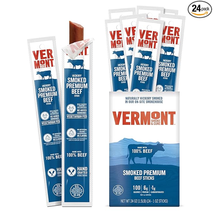 Vermont Smoke &amp Cure - Smoked Premium Beef Sticks - Meat Protein Snack - Portable Healthier Meat Snack for Adults &amp Kids - Individually Wrapped Jerky Snacks - 1oz - 24 Count