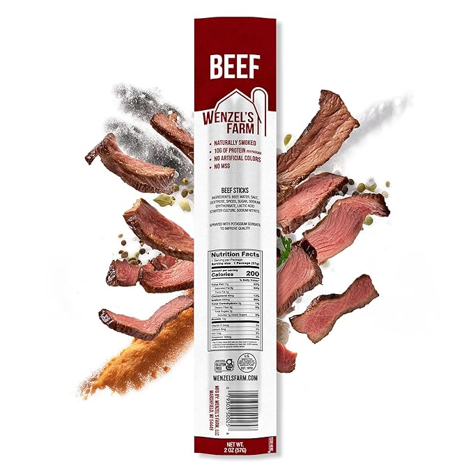 Wenzel’s Farm Beef Sticks │Supports Active Lifestyles │ Flavorful Naturally Smoked │ High Protein Low Carb │ No MSG Fillers Binders Artificial Colors │ Gluten Free | 32 sticks (16 packs of 2)