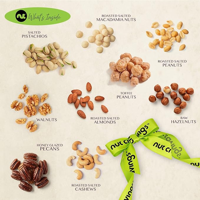 NUT CRAVINGS - Easter Mixed Nuts Gift Basket in White Gold Box (9 Assortments) Ramadan Gifts Saint Patrick's Day Treats for Adults Food Arrangement Healthy Snack Care Package Kosher