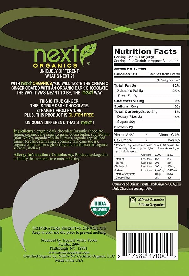 Next Organics Dark Chocolate Ginger Cubes 4 Ounce (Pack of 6)
