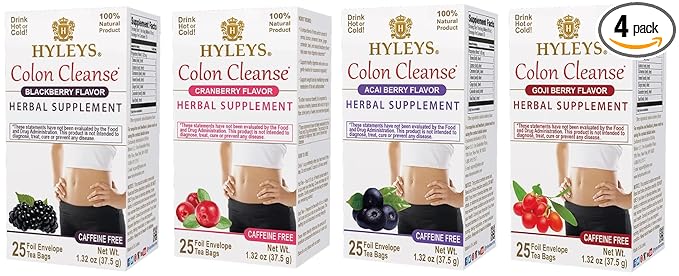 Hyleys Colon Cleanse Tea Variety Pack – Cranberry Blackberry Acai Berry and Goji Berry Flavors – 100 Tea Bags
