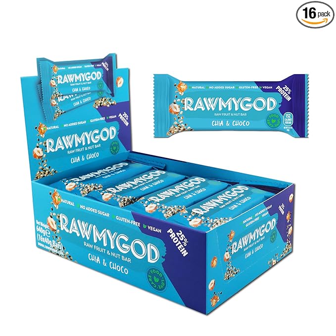RAWMYGOD Fruit and Nut Bars Good Source of Protein (10g 25% protein content) Gluten Free Vegan No Added Sugar (16 bars Chia &amp Choco)