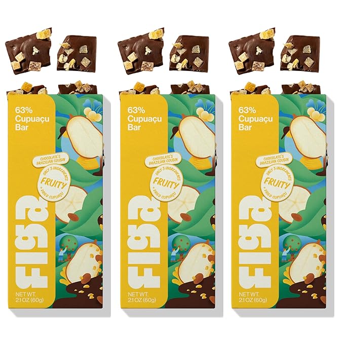 Figa Foods 63% Fruity Cupuaçu Bar - Date Sweetened Vegan Gluten Free Caffeine Free Only 3 Ingredients - Chocolate's Brazilian Cousin - Dried Superfruit on Top [60g] - 3 Pack