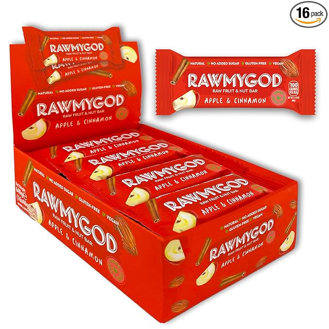 RAWMYGOD Fruit and Nut Bars Gluten Free Vegan No Added Sugar (16 bars Apple &amp Cinnamon)