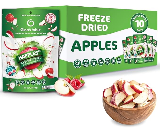 Happles Freeze Dried Apples – 100% Natural No Added Sugar Healthy Low Calorie Apple Crisps Snack for Adults &amp Kids Gluten Free No Artificial Flavours (10 Pack)
