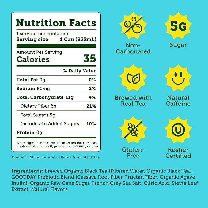 HALFDAY Prebiotic Sweet Tea Iced Tea Cans Supports Digestive &amp Gut Health 6g Plant Fiber &amp Prebiotics 5g of Sugar 35 Calories Organic Tea Natural Caffeine Gluten Free Keto 12 fl oz (1