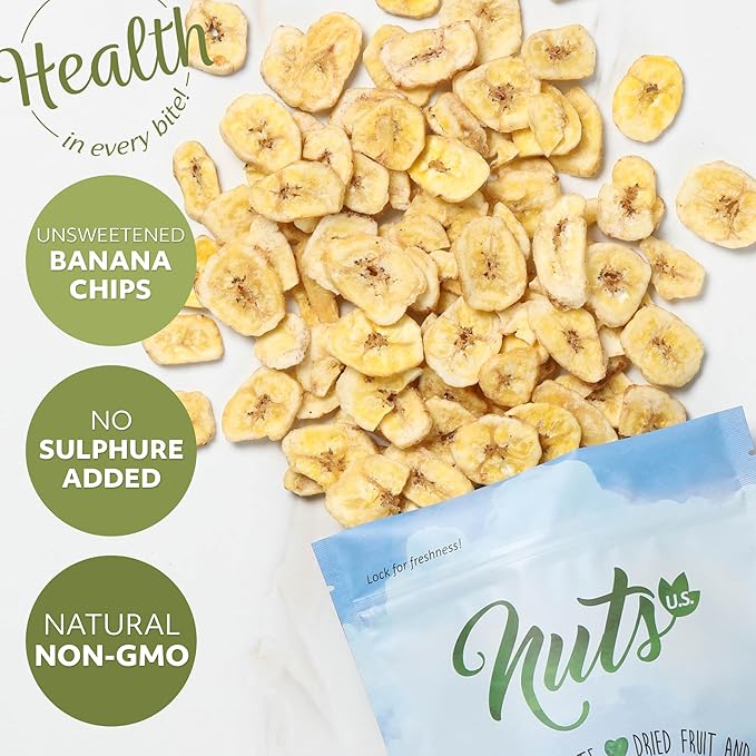 NUTS U.S. - Unsweetened Banana Chips | No Sulphure Added &amp No Artificial Colors | NON-GMO | Natural | Packed in a Resealable Bag!!! (3 LBS)