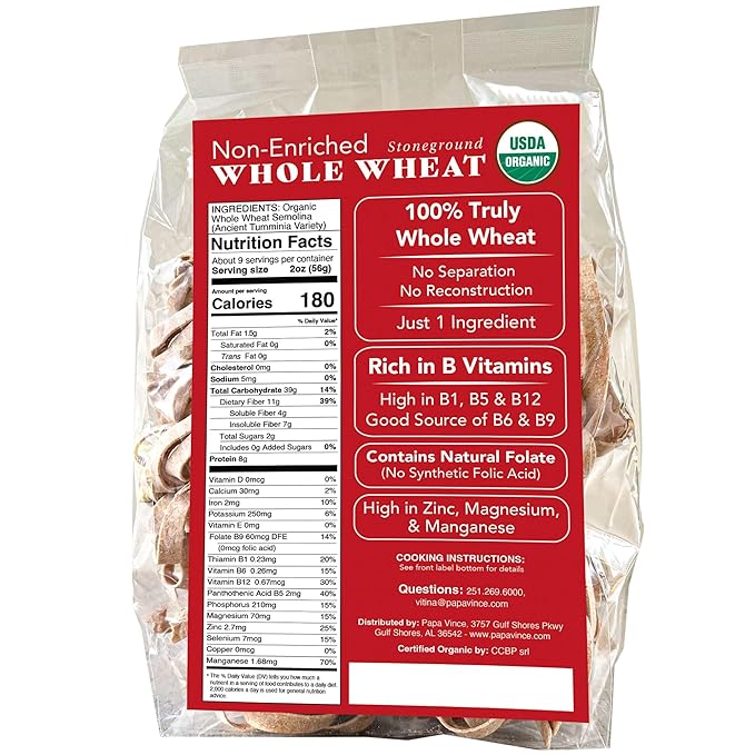 Papa Vince Organic Diabetic Friendly Pasta: Low GI Organic Whole Wheat Italian Pasta Made in Italy from Ancient Heirloom Grain. High Fiber Slow Carb Slow Dried Bronze Cut Non Enriched (Tagliatelle
